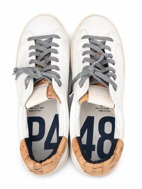 P448 Sneakers Womens 9.5 EU 40 White Leather Cork Heel Distressed Casual